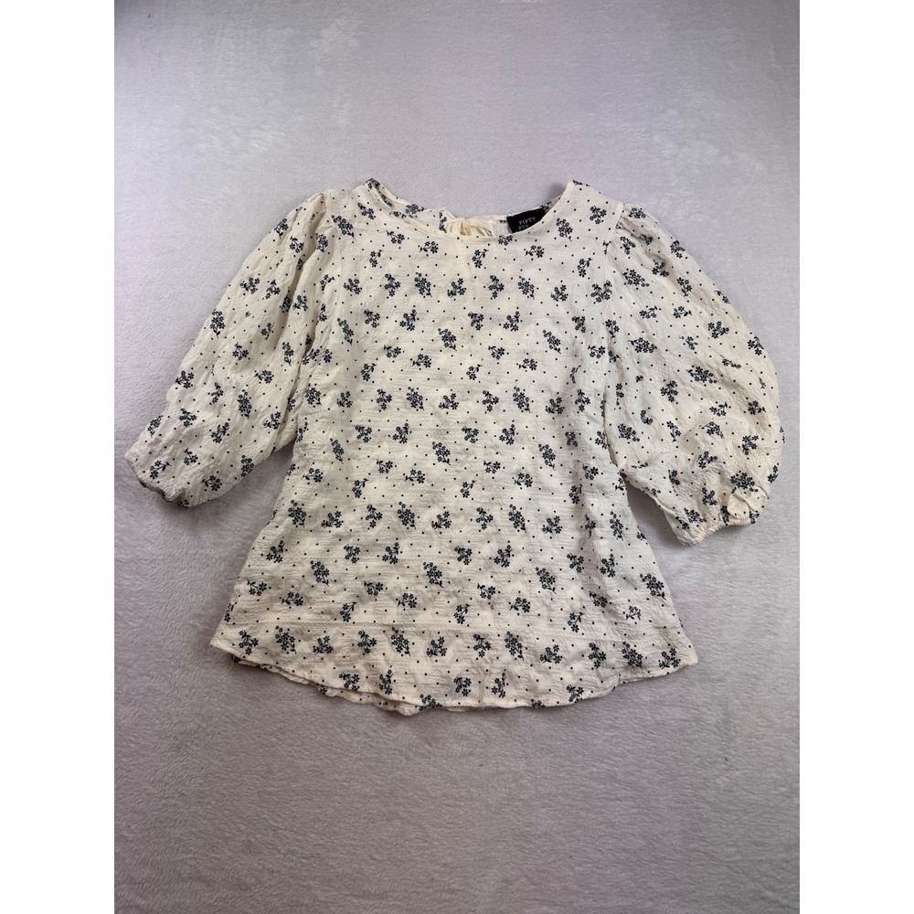 Fifty Street Women Floral Puff Sleeve Bow Back Blouse Cream Black CR1068Y Size M